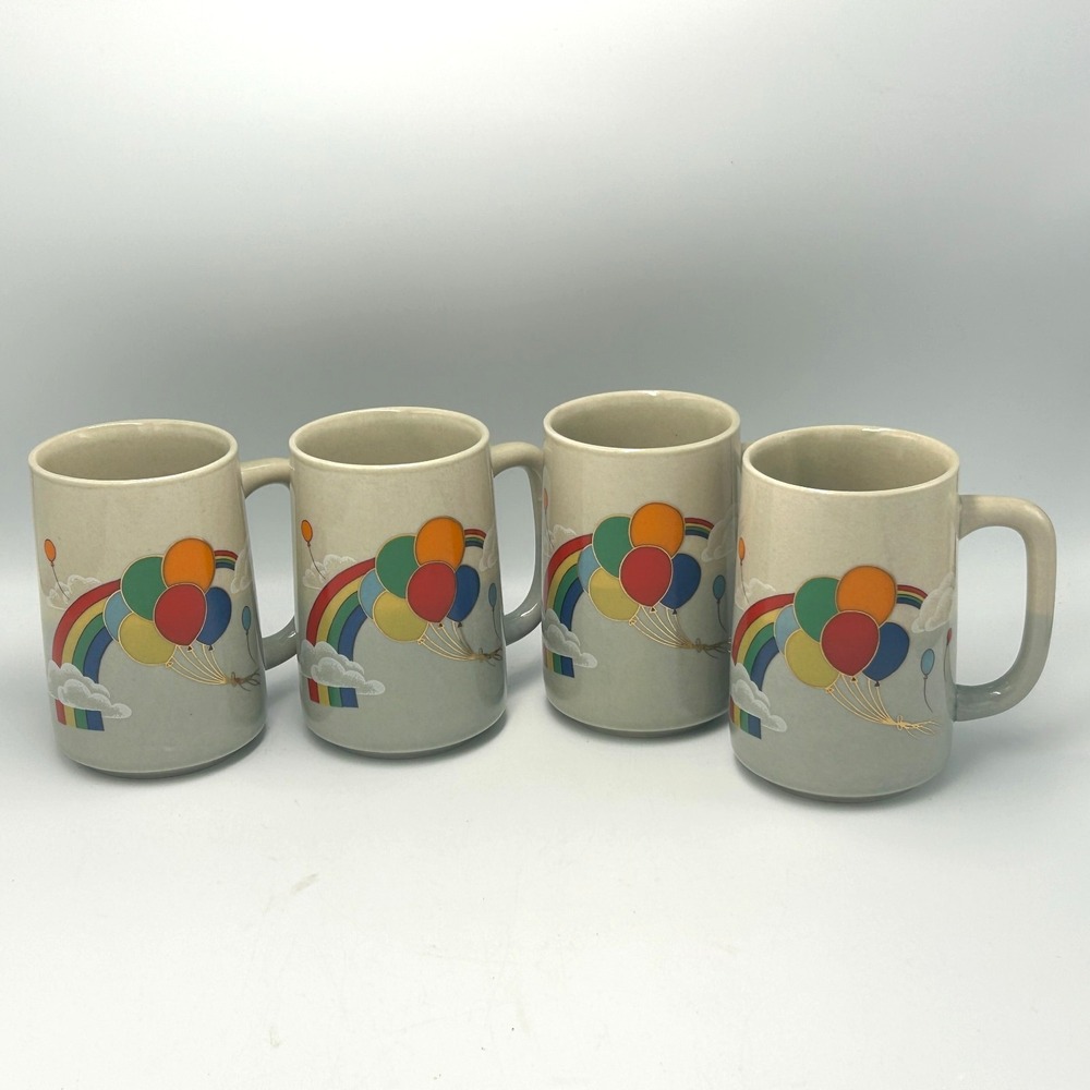 Vintage Otagiri Japan Stoneware Coffee Mug Set -4 Rainbow Balloons Gold Trim 80s